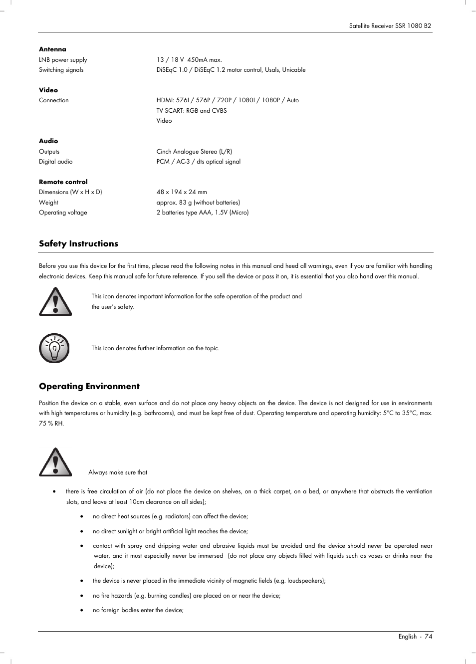 Safety instructions, Operating environment | Silvercrest SSR 1080 B2 User Manual | Page 76 / 106