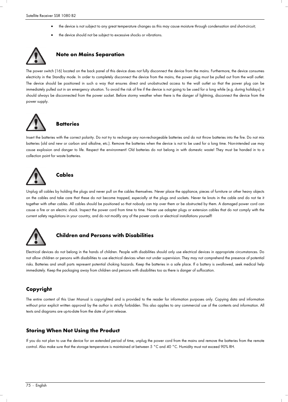 Batteries, Cables, Children and persons with disabilities | Copyright, Storing when not using the product | Silvercrest SSR 1080 B2 User Manual | Page 77 / 106