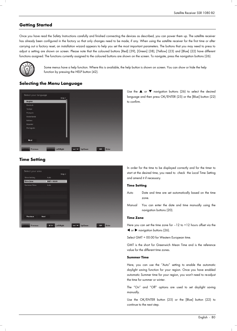 Getting started, Selecting the menu language, Time setting | Silvercrest SSR 1080 B2 User Manual | Page 82 / 106