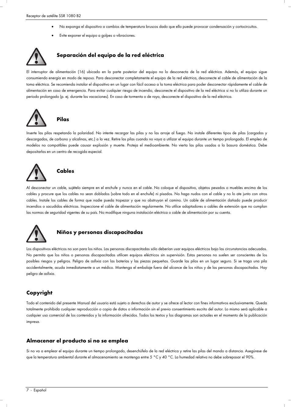 Separación del equipo de la red eléctrica, Pilas, Cables | Niños y personas discapacitadas, Copyright, Almacenar el producto si no se emplea | Silvercrest SSR 1080 B2 User Manual | Page 9 / 106