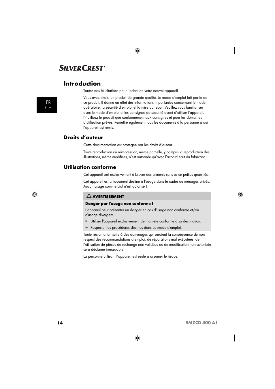 Introduction, Droits d’auteur, Utilisation conforme | Fr ch | Silvercrest SMZCD 400 A1 User Manual | Page 17 / 51