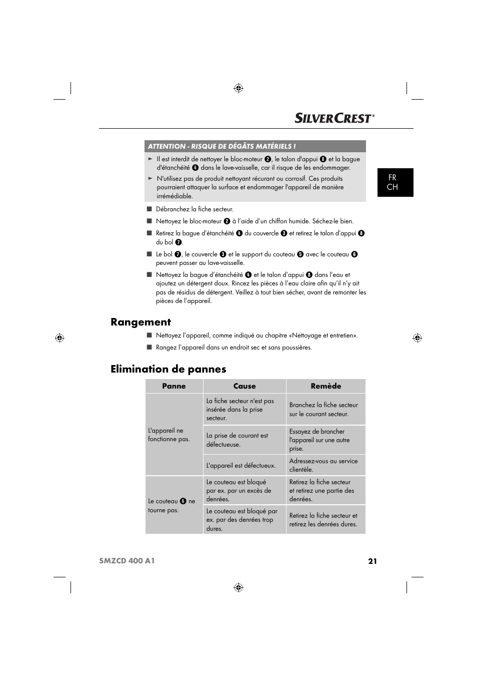 Rangement, Elimination de pannes, Fr ch | Silvercrest SMZCD 400 A1 User Manual | Page 24 / 51