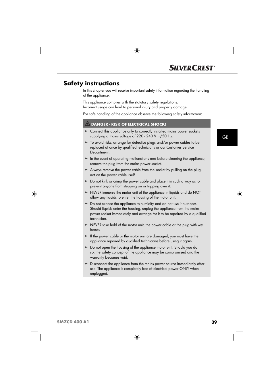 Safety instructions | Silvercrest SMZCD 400 A1 User Manual | Page 42 / 51