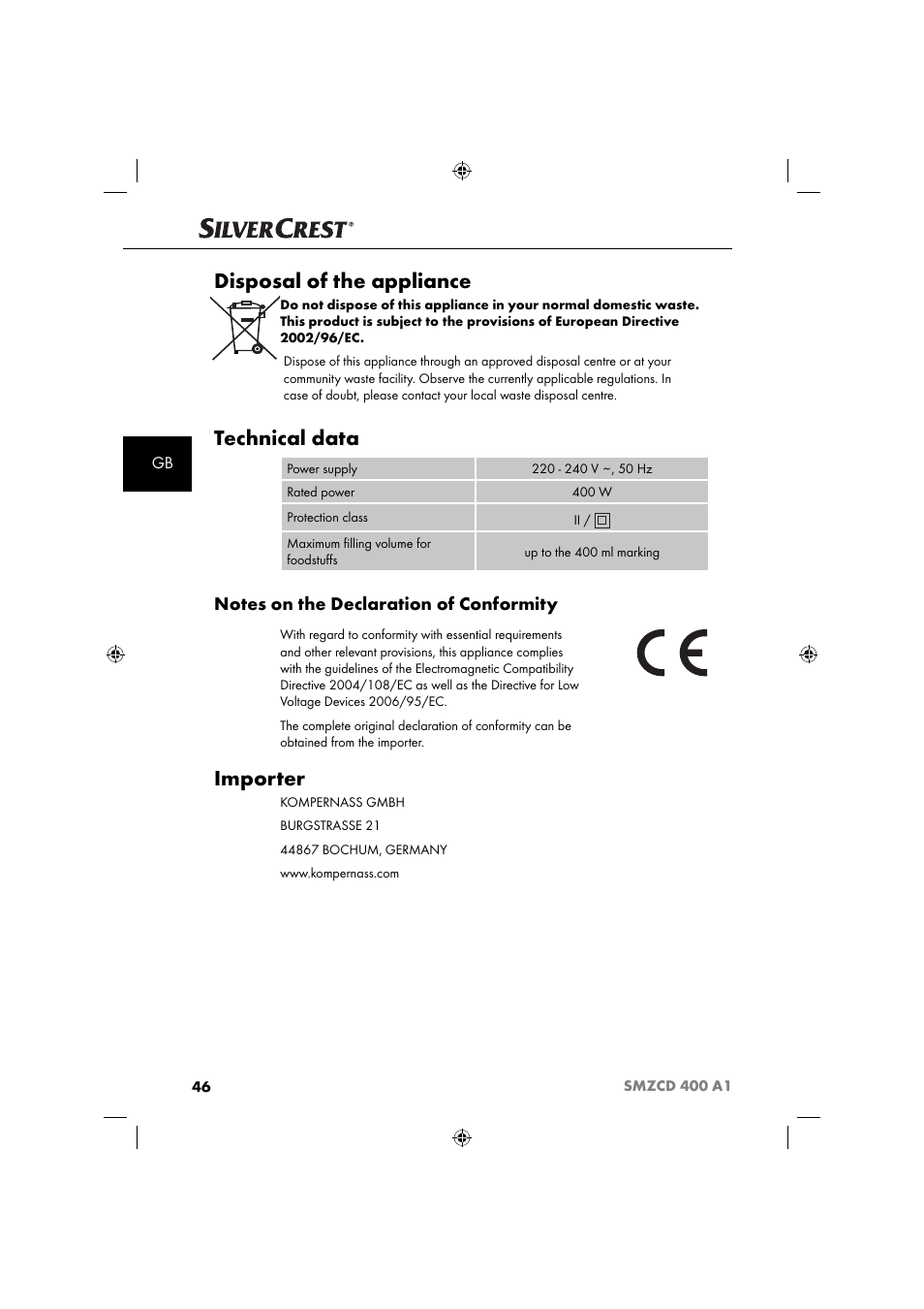 Disposal of the appliance, Technical data, Importer | Silvercrest SMZCD 400 A1 User Manual | Page 49 / 51