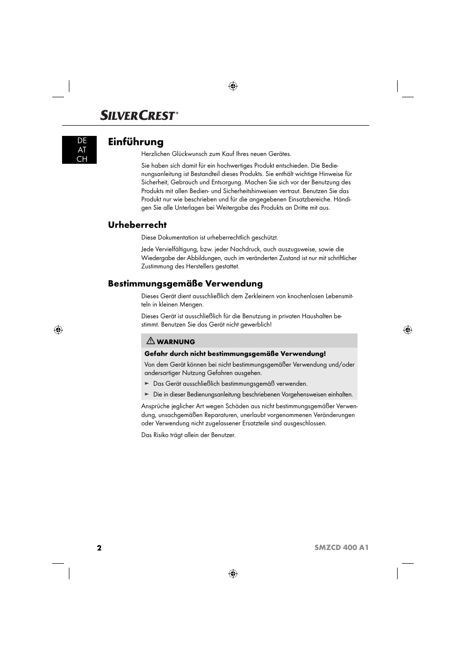 Einführung, Urheberrecht, Bestimmungsgemäße verwendung | De at ch | Silvercrest SMZCD 400 A1 User Manual | Page 5 / 51