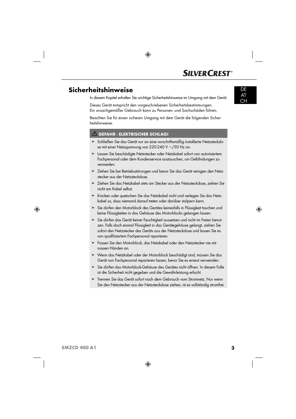 Sicherheitshinweise, De at ch | Silvercrest SMZCD 400 A1 User Manual | Page 6 / 51