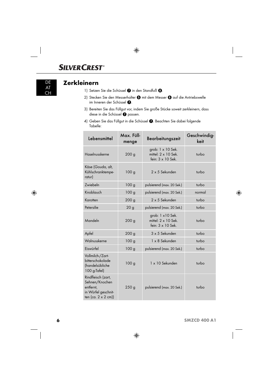 Zerkleinern, De at ch | Silvercrest SMZCD 400 A1 User Manual | Page 9 / 51