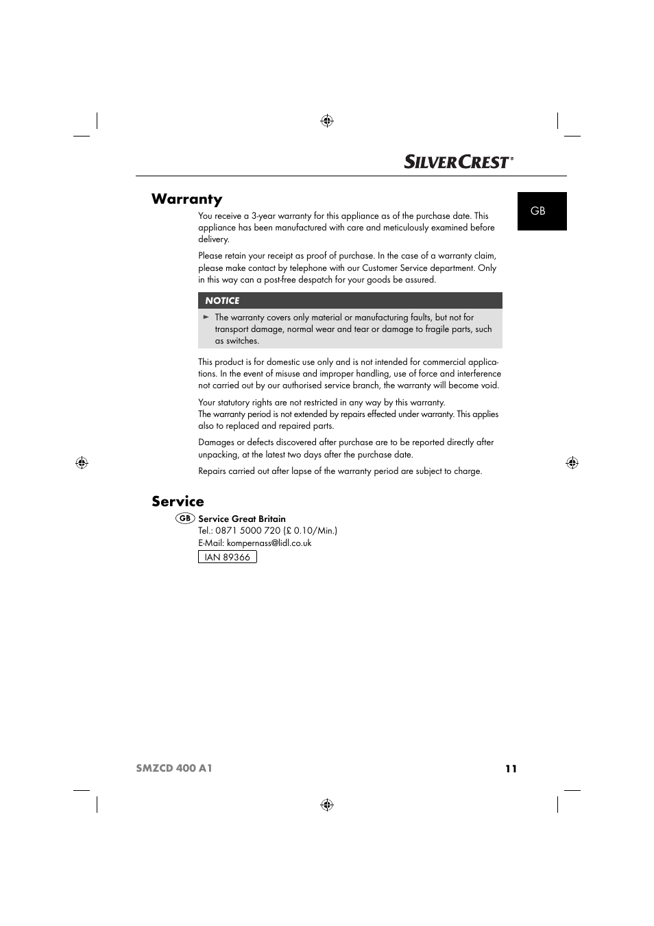 Warranty, Service | Silvercrest SMZCD 400 A1 User Manual | Page 14 / 63