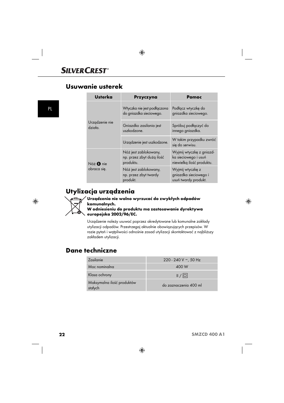 Usuwanie usterek, Utylizacja urządzenia, Dane techniczne | Silvercrest SMZCD 400 A1 User Manual | Page 25 / 63