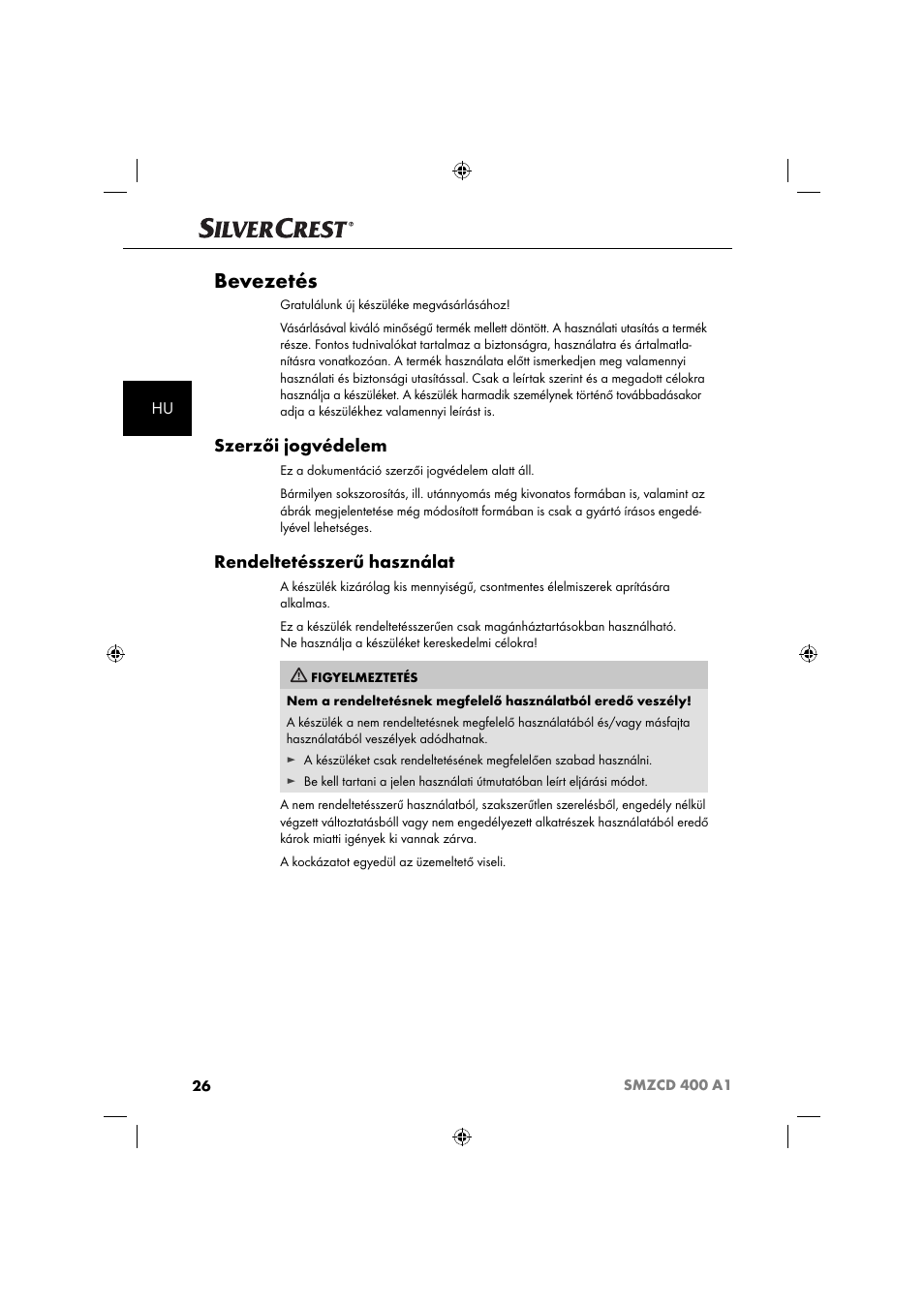 Bevezetés, Szerzői jogvédelem, Rendeltetésszerű használat | Silvercrest SMZCD 400 A1 User Manual | Page 29 / 63