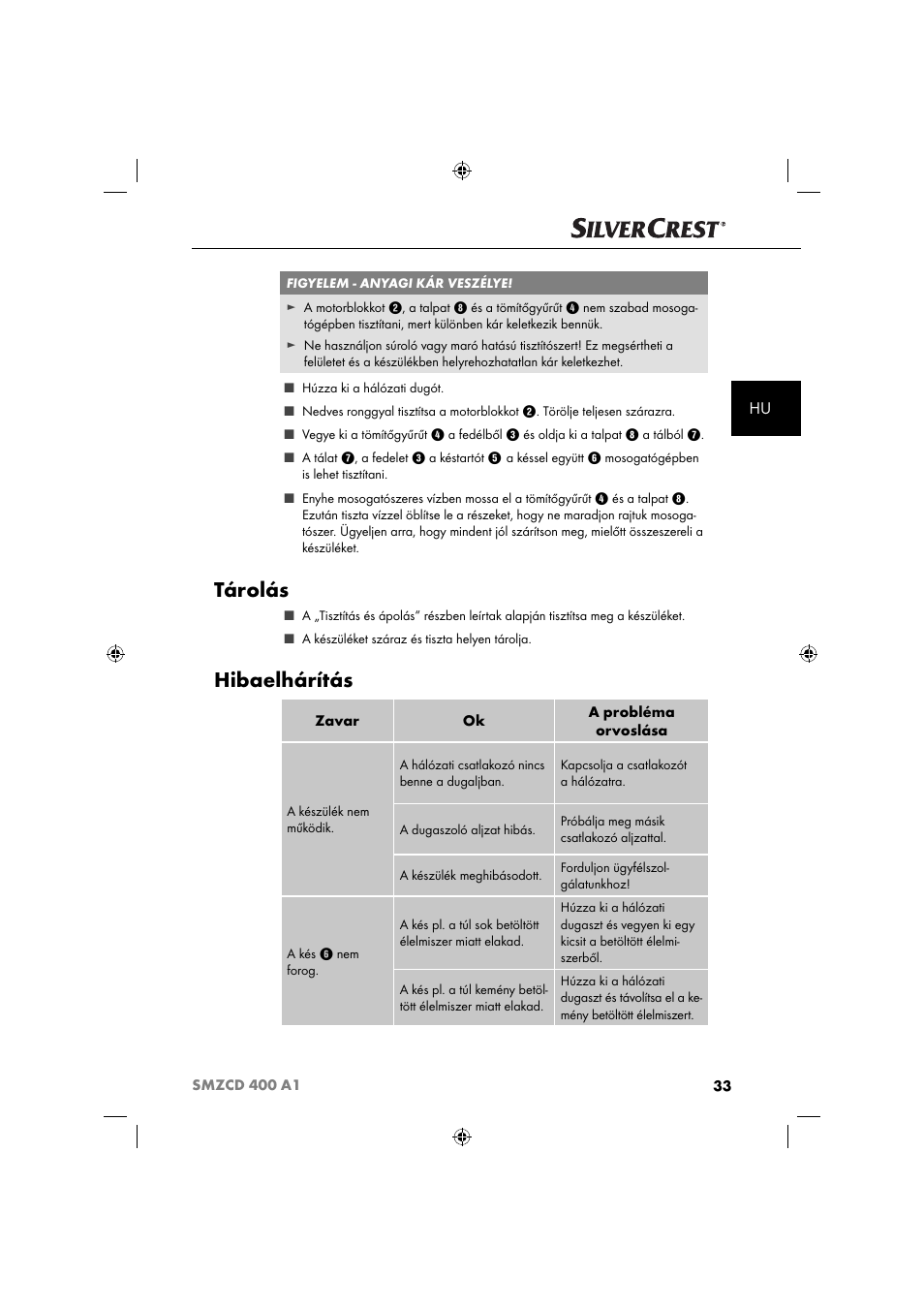 Tárolás, Hibaelhárítás | Silvercrest SMZCD 400 A1 User Manual | Page 36 / 63
