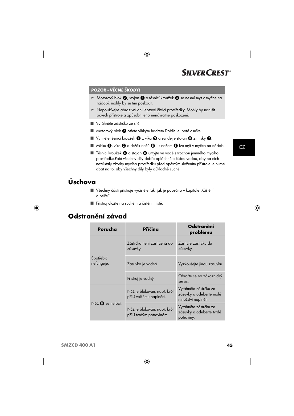 Úschova, Odstranění závad | Silvercrest SMZCD 400 A1 User Manual | Page 48 / 63
