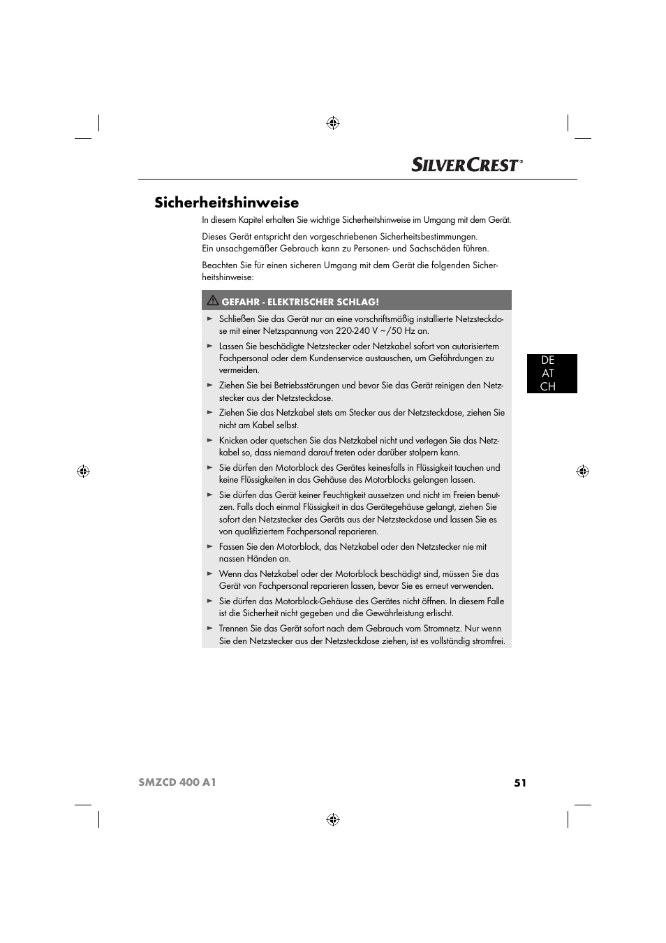 Sicherheitshinweise, De at ch | Silvercrest SMZCD 400 A1 User Manual | Page 54 / 63