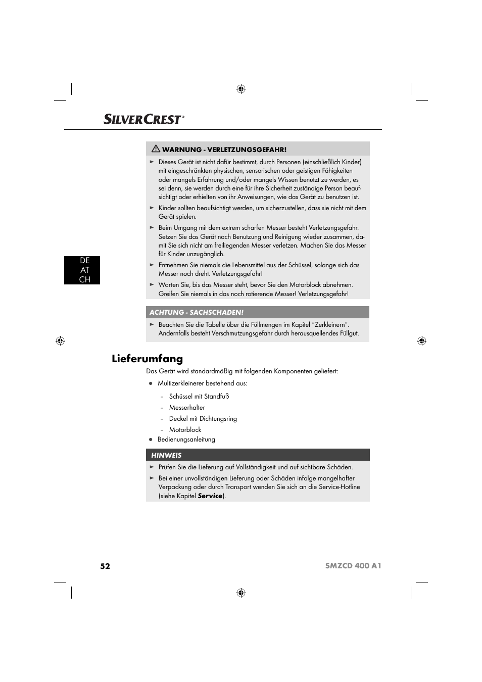 Lieferumfang, De at ch | Silvercrest SMZCD 400 A1 User Manual | Page 55 / 63