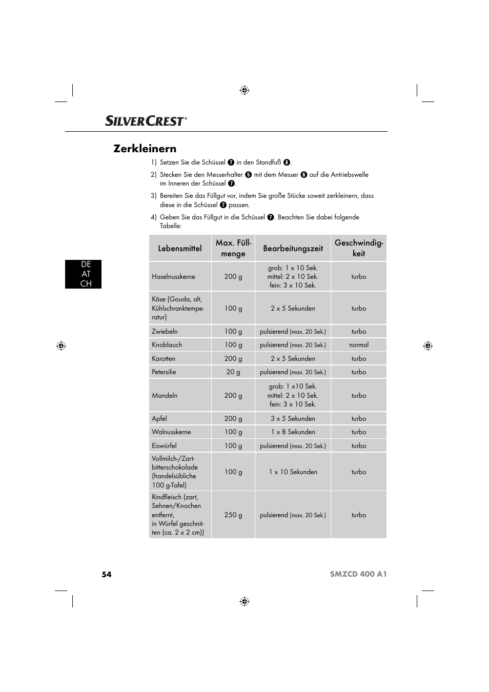 Zerkleinern, De at ch | Silvercrest SMZCD 400 A1 User Manual | Page 57 / 63