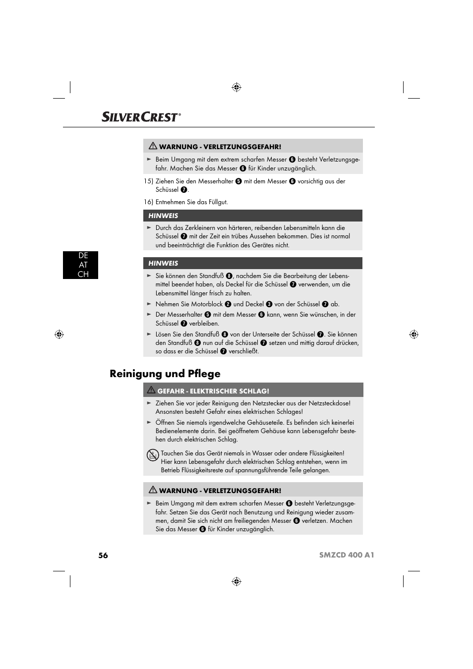 Reinigung und pﬂ ege, De at ch | Silvercrest SMZCD 400 A1 User Manual | Page 59 / 63