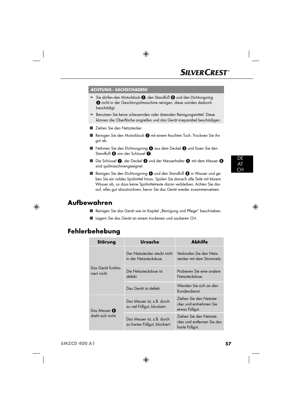 Aufbewahren, Fehlerbehebung, De at ch | Silvercrest SMZCD 400 A1 User Manual | Page 60 / 63