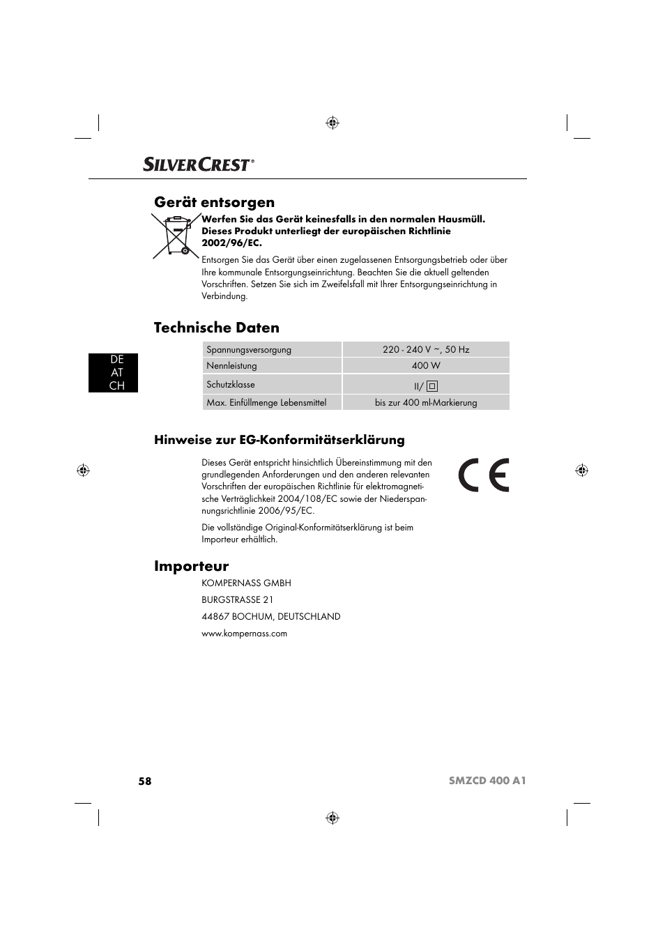 Gerät entsorgen, Technische daten, Importeur | Hinweise zur eg-konformitätserklärung, De at ch | Silvercrest SMZCD 400 A1 User Manual | Page 61 / 63