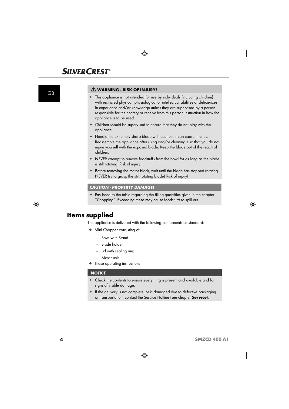 Items supplied | Silvercrest SMZCD 400 A1 User Manual | Page 7 / 63