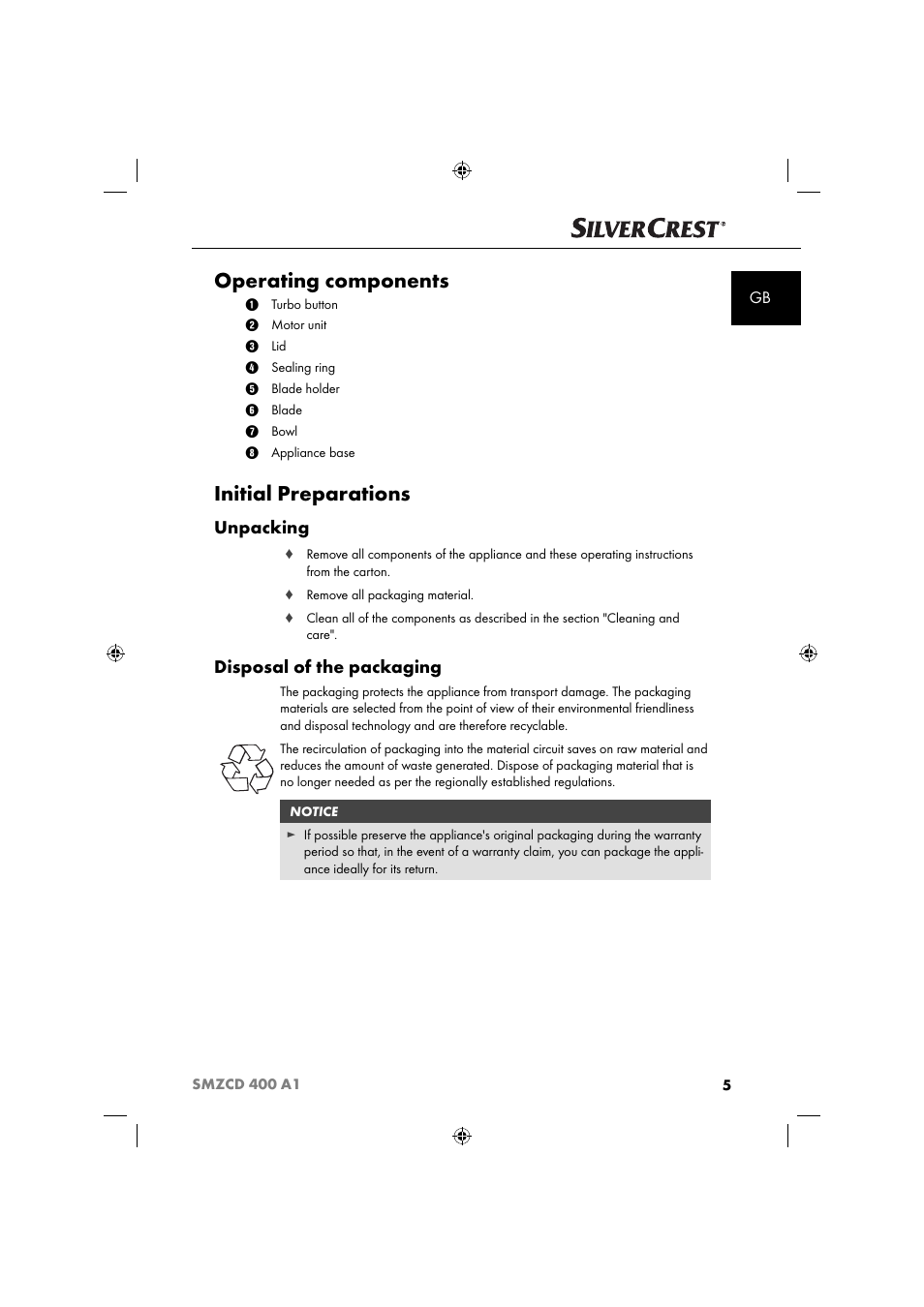 Operating components, Initial preparations, Unpacking | Disposal of the packaging | Silvercrest SMZCD 400 A1 User Manual | Page 8 / 63