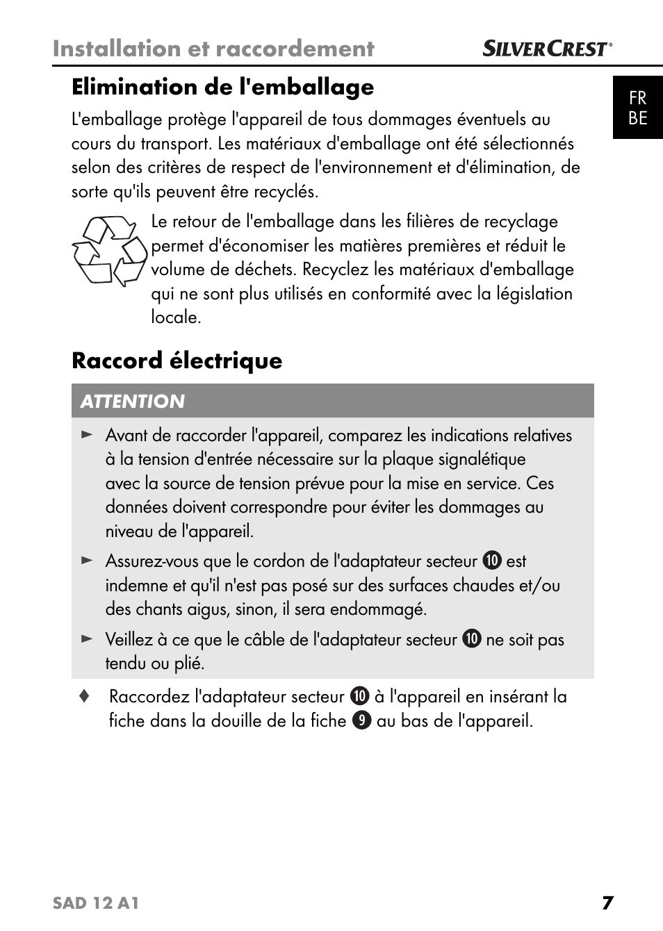 Installation et raccordement, Elimination de l'emballage, Raccord électrique | Silvercrest SAD 12 A1 User Manual | Page 10 / 46