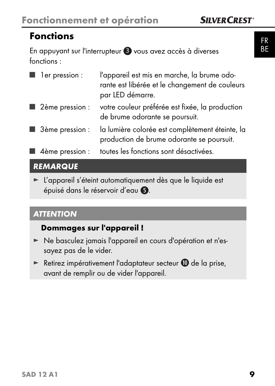 Fonctionnement et opération, Fonctions | Silvercrest SAD 12 A1 User Manual | Page 12 / 46