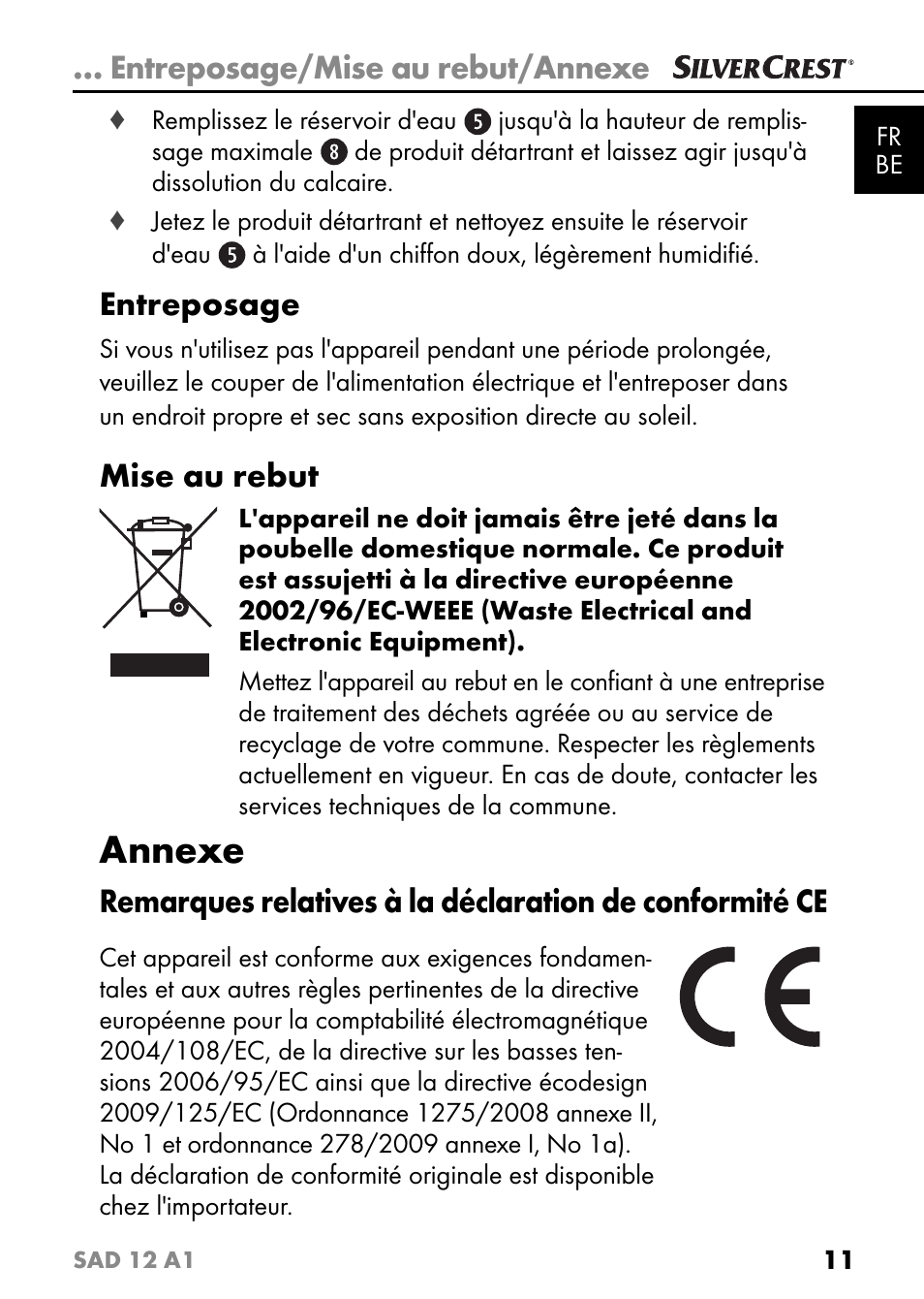 Annexe, Entreposage/mise au rebut/annexe, Entreposage | Mise au rebut | Silvercrest SAD 12 A1 User Manual | Page 14 / 46