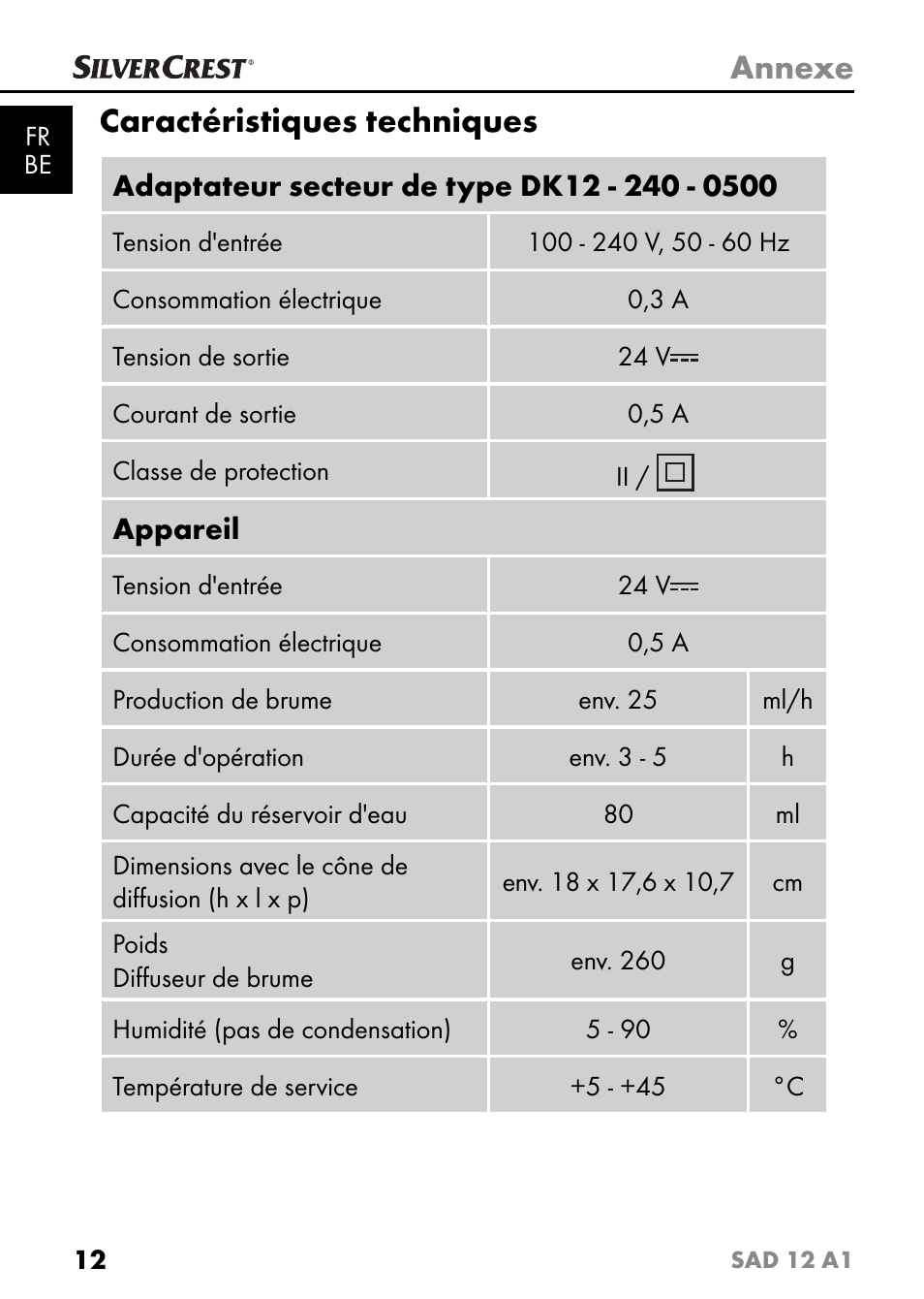 Annexe, Caractéristiques techniques | Silvercrest SAD 12 A1 User Manual | Page 15 / 46