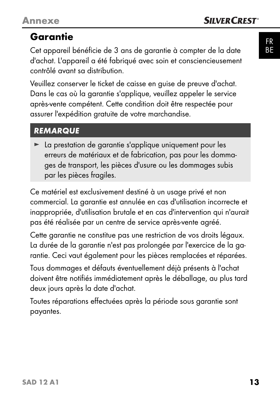 Annexe, Garantie | Silvercrest SAD 12 A1 User Manual | Page 16 / 46