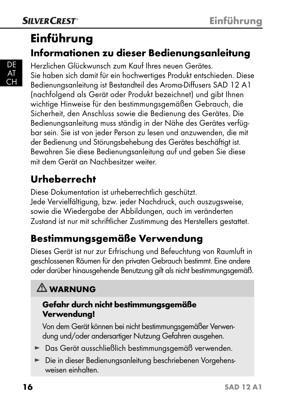 Einführung, Informationen zu dieser bedienungsanleitung, Urheberrecht | Bestimmungsgemäße verwendung | Silvercrest SAD 12 A1 User Manual | Page 19 / 46