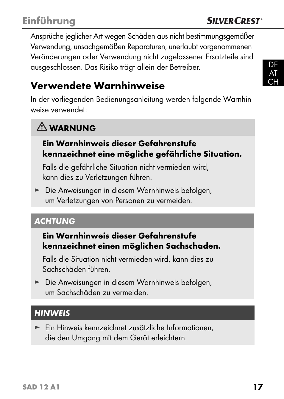 Einführung, Verwendete warnhinweise | Silvercrest SAD 12 A1 User Manual | Page 20 / 46