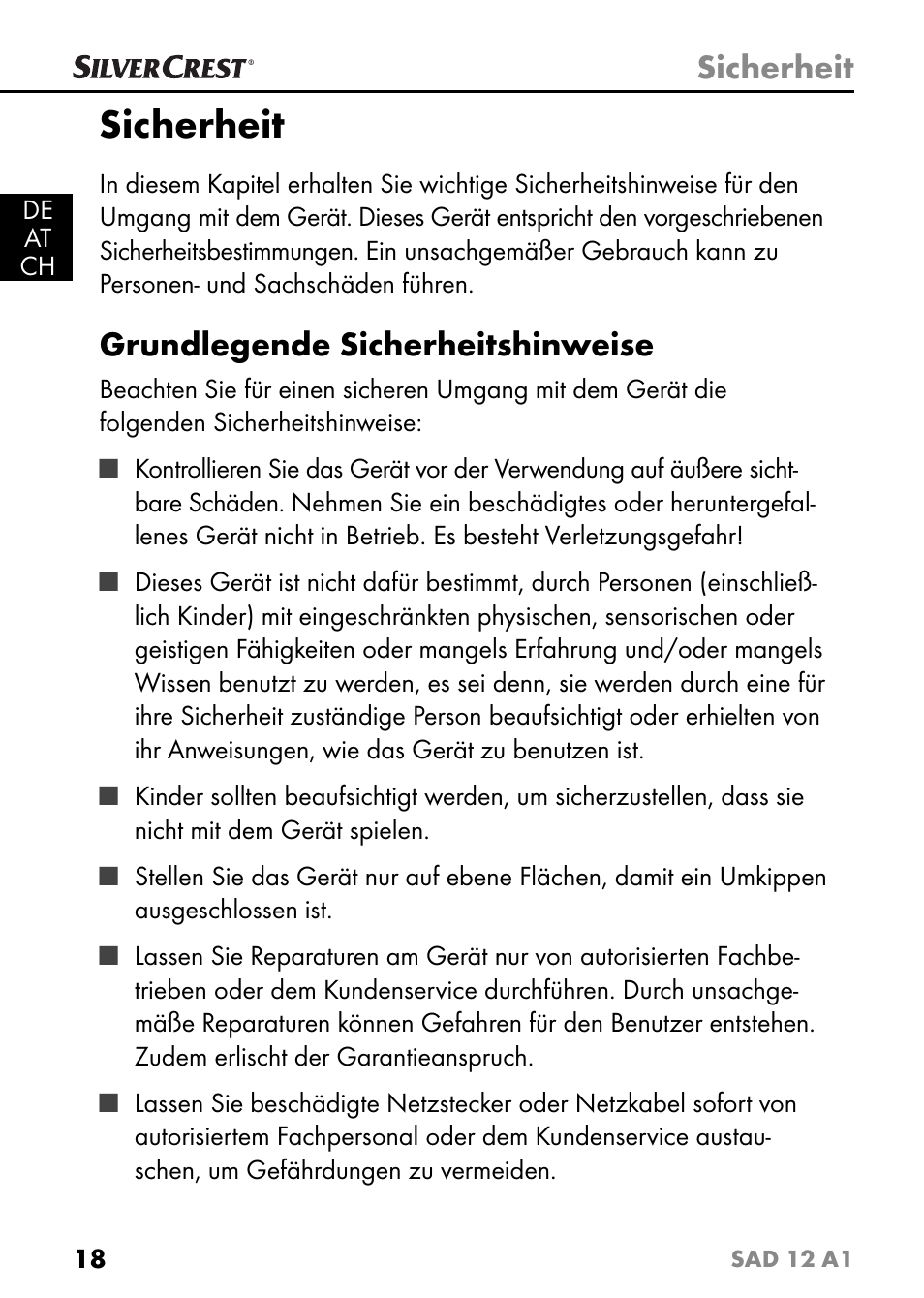 Sicherheit, Grundlegende sicherheitshinweise | Silvercrest SAD 12 A1 User Manual | Page 21 / 46