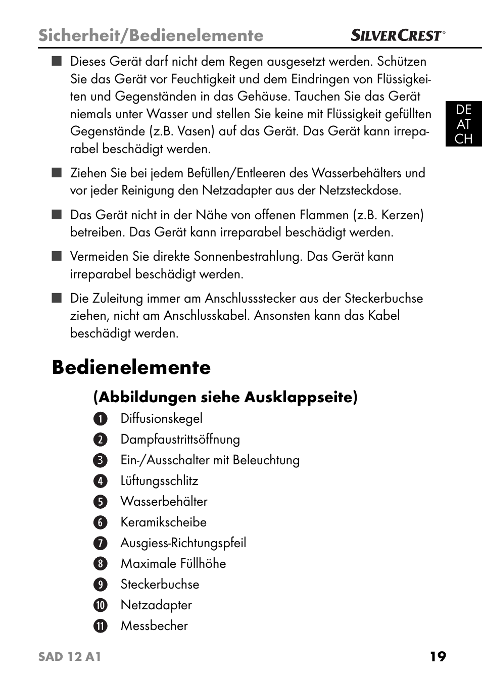 Bedienelemente, Sicherheit/bedienelemente | Silvercrest SAD 12 A1 User Manual | Page 22 / 46