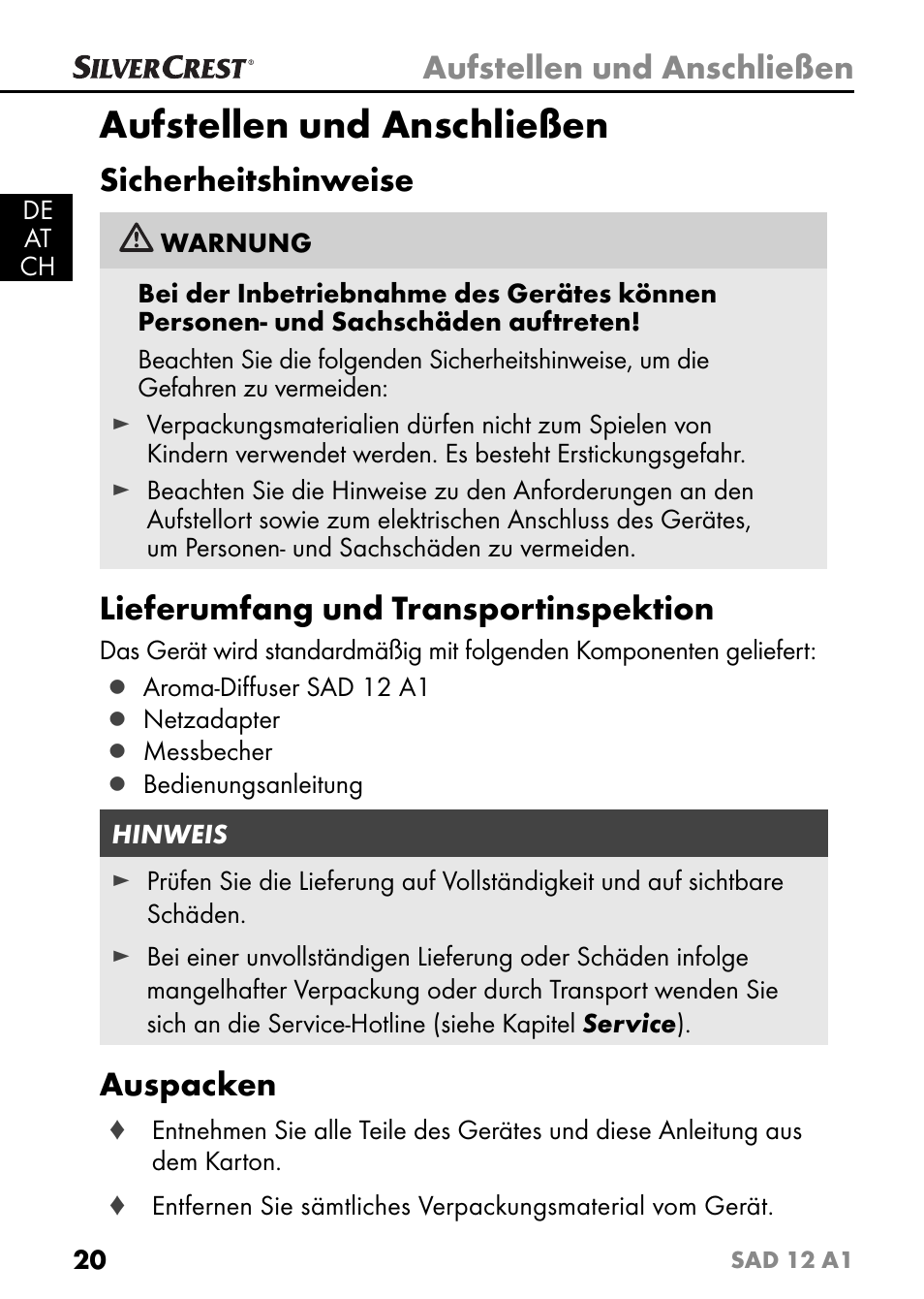 Aufstellen und anschließen, Sicherheitshinweise, Lieferumfang und transportinspektion | Auspacken | Silvercrest SAD 12 A1 User Manual | Page 23 / 46