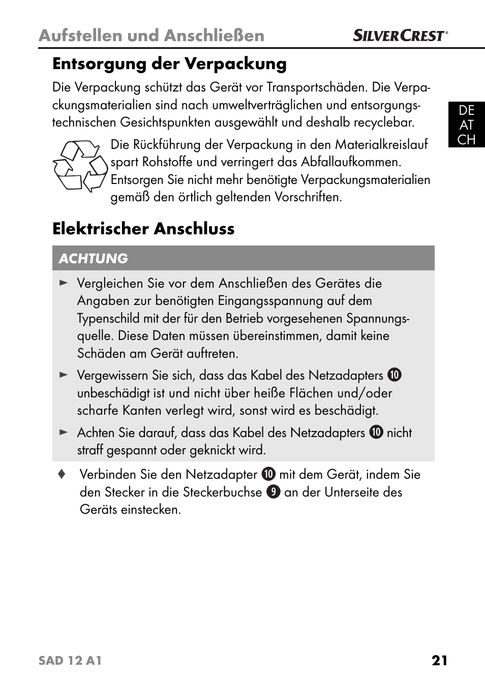 Aufstellen und anschließen, Entsorgung der verpackung, Elektrischer anschluss | Silvercrest SAD 12 A1 User Manual | Page 24 / 46