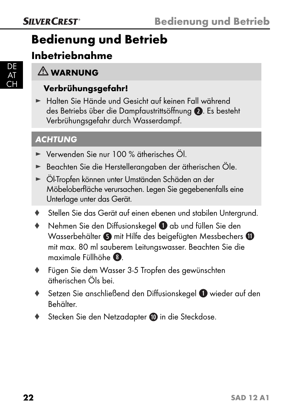 Bedienung und betrieb, Inbetriebnahme | Silvercrest SAD 12 A1 User Manual | Page 25 / 46