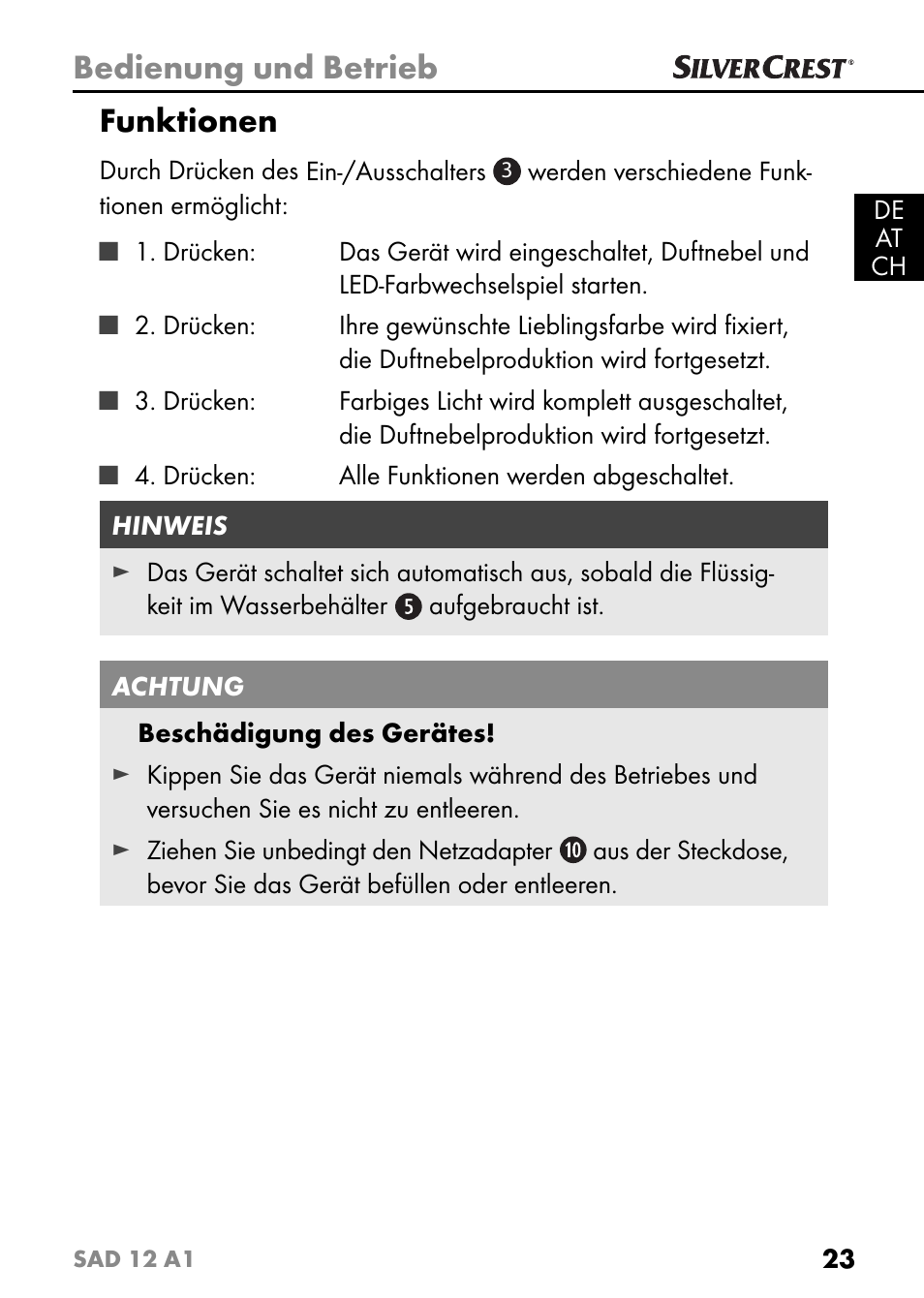 Bedienung und betrieb, Funktionen | Silvercrest SAD 12 A1 User Manual | Page 26 / 46