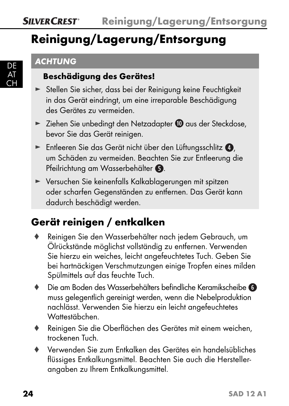 Reinigung/lagerung/entsorgung, Gerät reinigen / entkalken | Silvercrest SAD 12 A1 User Manual | Page 27 / 46