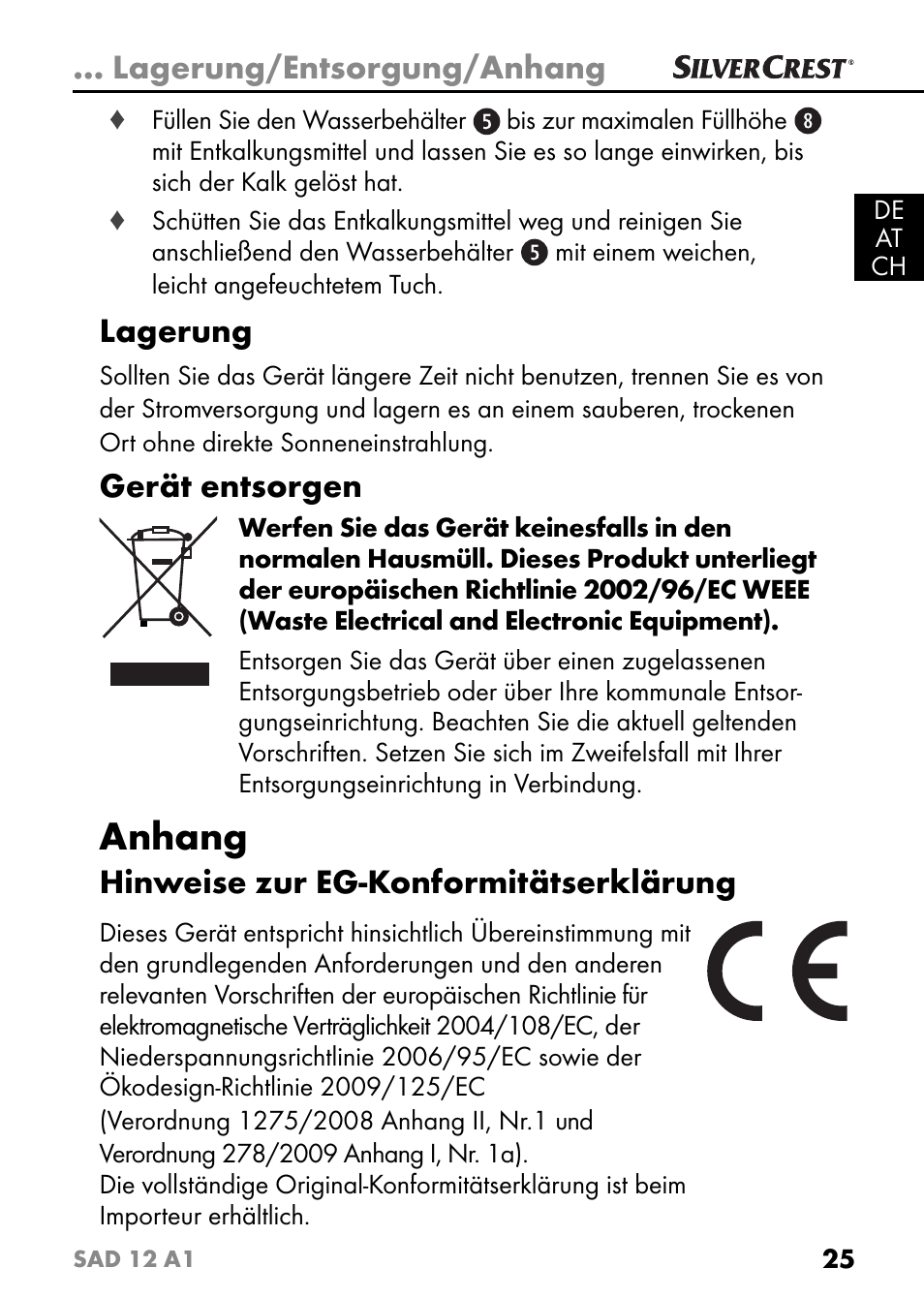 Anhang, Lagerung/entsorgung/anhang, Lagerung | Gerät entsorgen, Hinweise zur eg-konformitätserklärung | Silvercrest SAD 12 A1 User Manual | Page 28 / 46