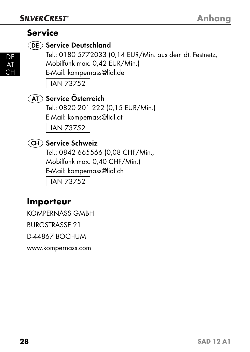 Anhang, Service, Importeur | Silvercrest SAD 12 A1 User Manual | Page 31 / 46