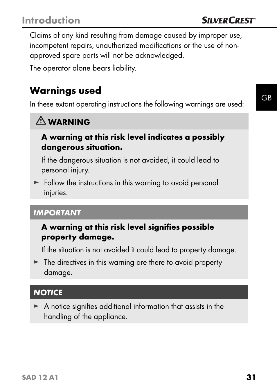 Introduction, Warnings used | Silvercrest SAD 12 A1 User Manual | Page 34 / 46