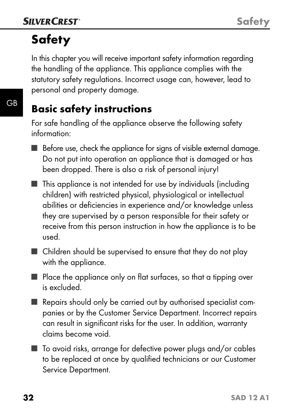 Safety, Basic safety instructions | Silvercrest SAD 12 A1 User Manual | Page 35 / 46