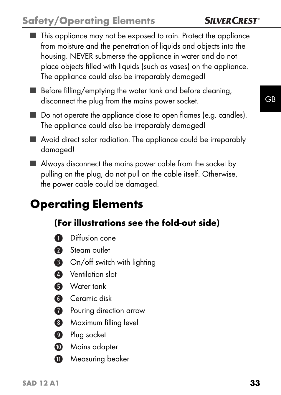 Operating elements, Safety/operating elements | Silvercrest SAD 12 A1 User Manual | Page 36 / 46