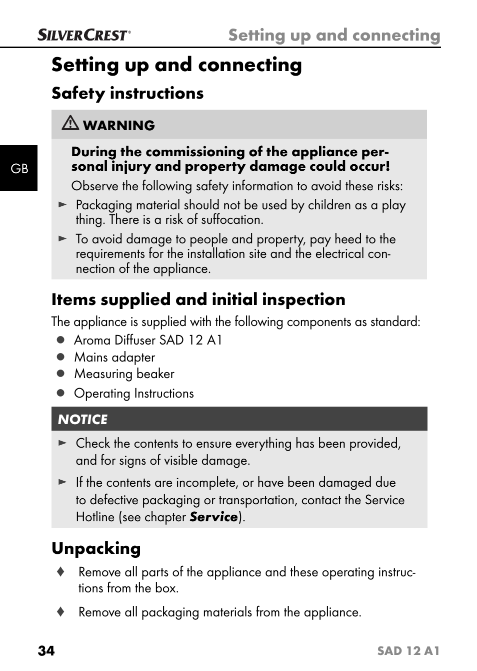 Setting up and connecting, Safety instructions, Items supplied and initial inspection | Unpacking | Silvercrest SAD 12 A1 User Manual | Page 37 / 46