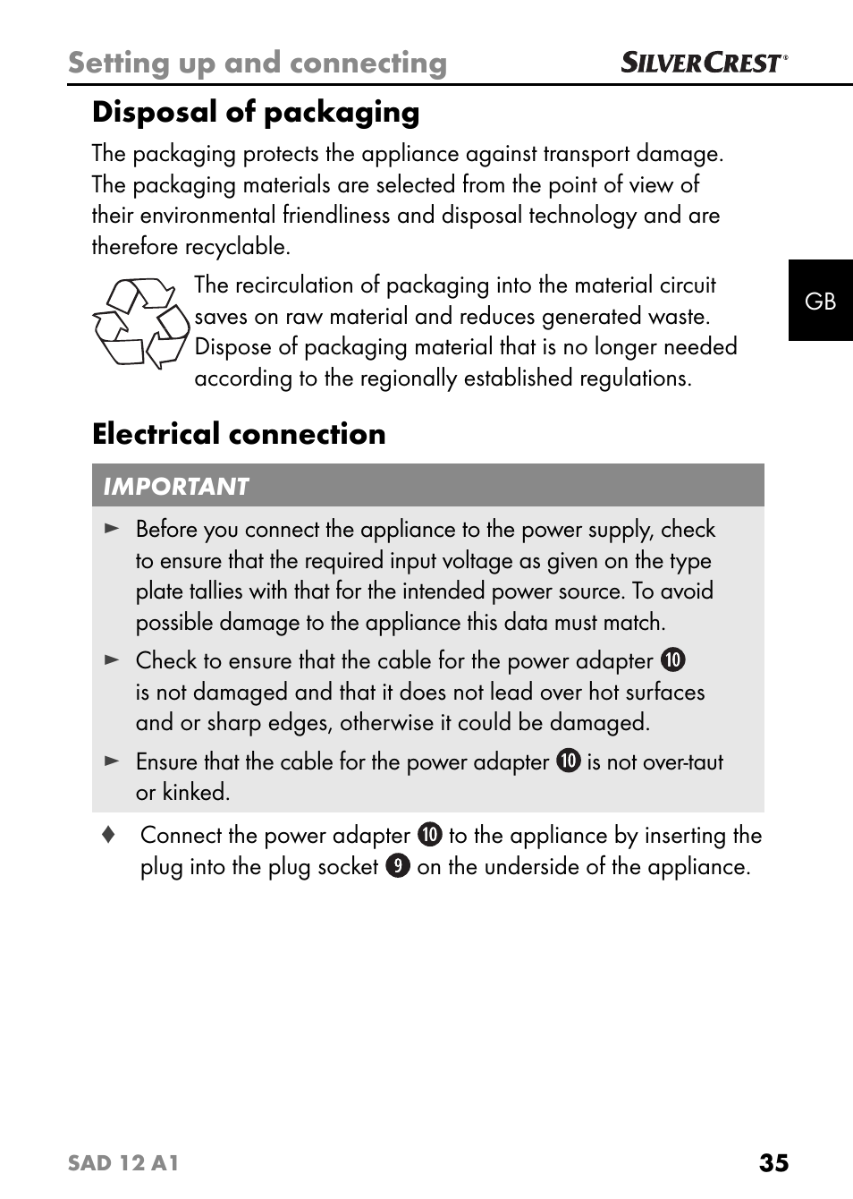 Setting up and connecting, Disposal of packaging, Electrical connection | Silvercrest SAD 12 A1 User Manual | Page 38 / 46