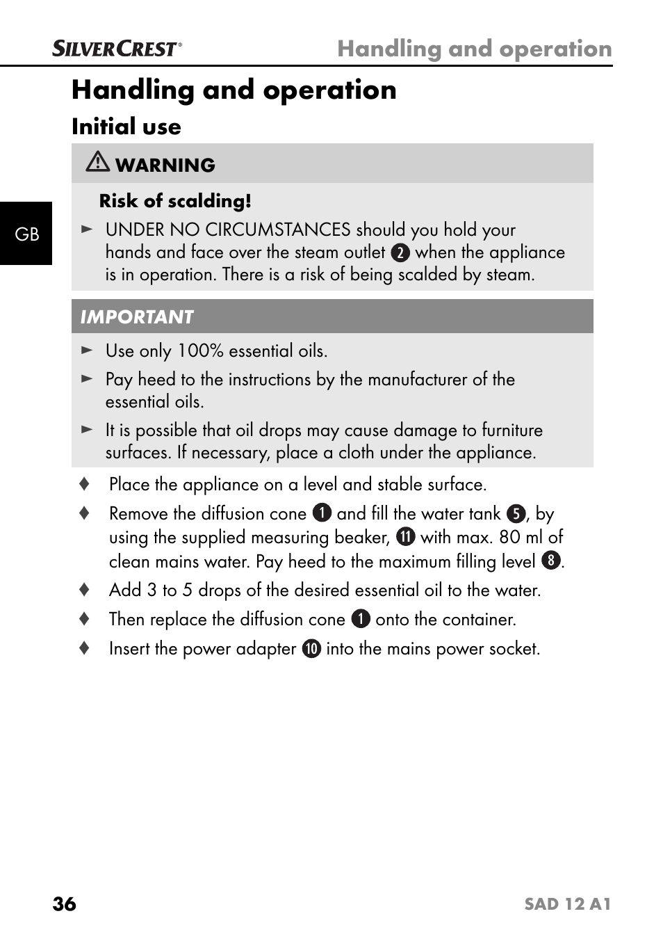 Handling and operation, Initial use | Silvercrest SAD 12 A1 User Manual | Page 39 / 46