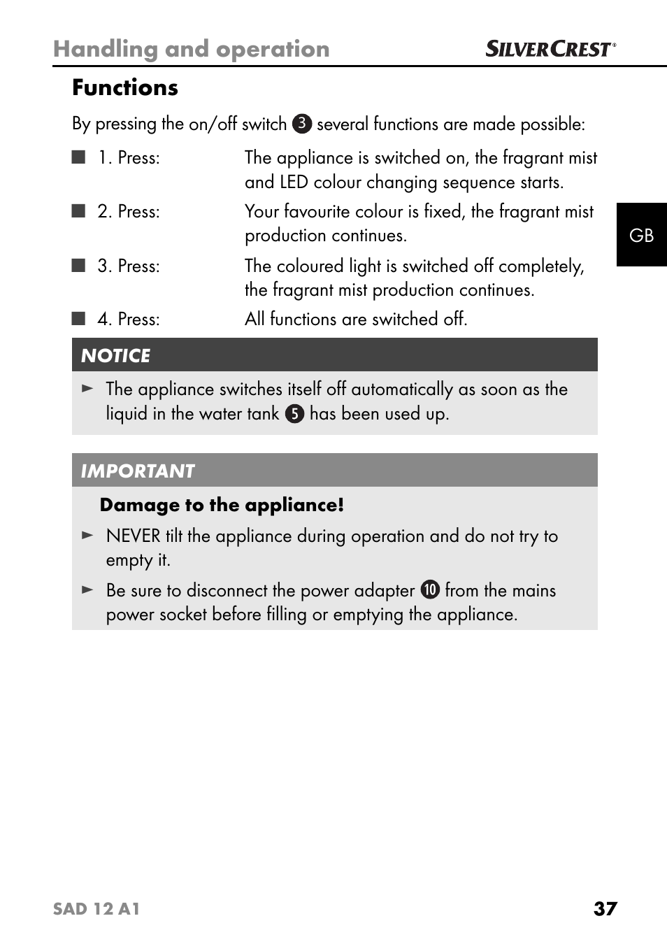 Handling and operation, Functions | Silvercrest SAD 12 A1 User Manual | Page 40 / 46