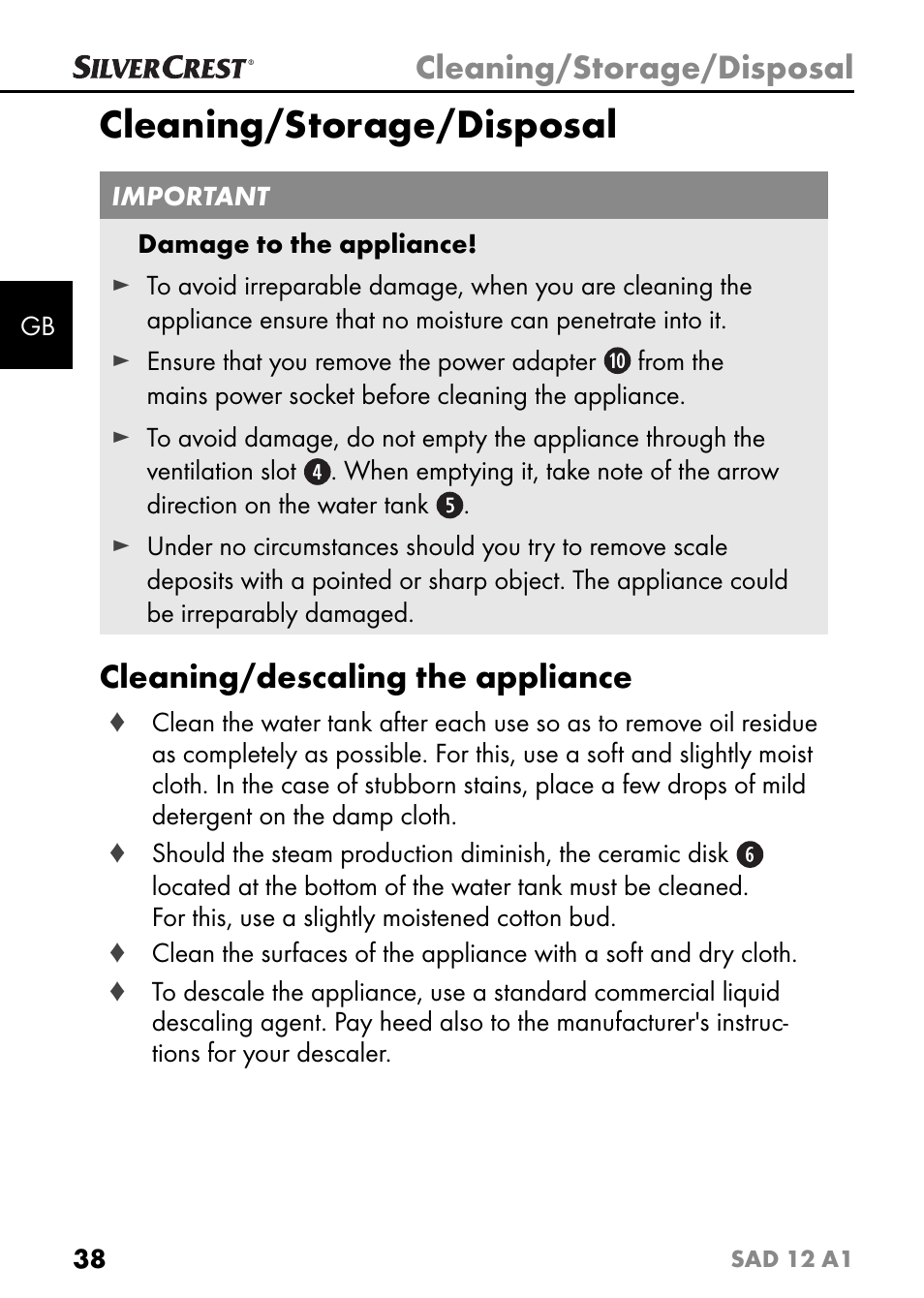 Cleaning/storage/disposal, Cleaning/descaling the appliance | Silvercrest SAD 12 A1 User Manual | Page 41 / 46