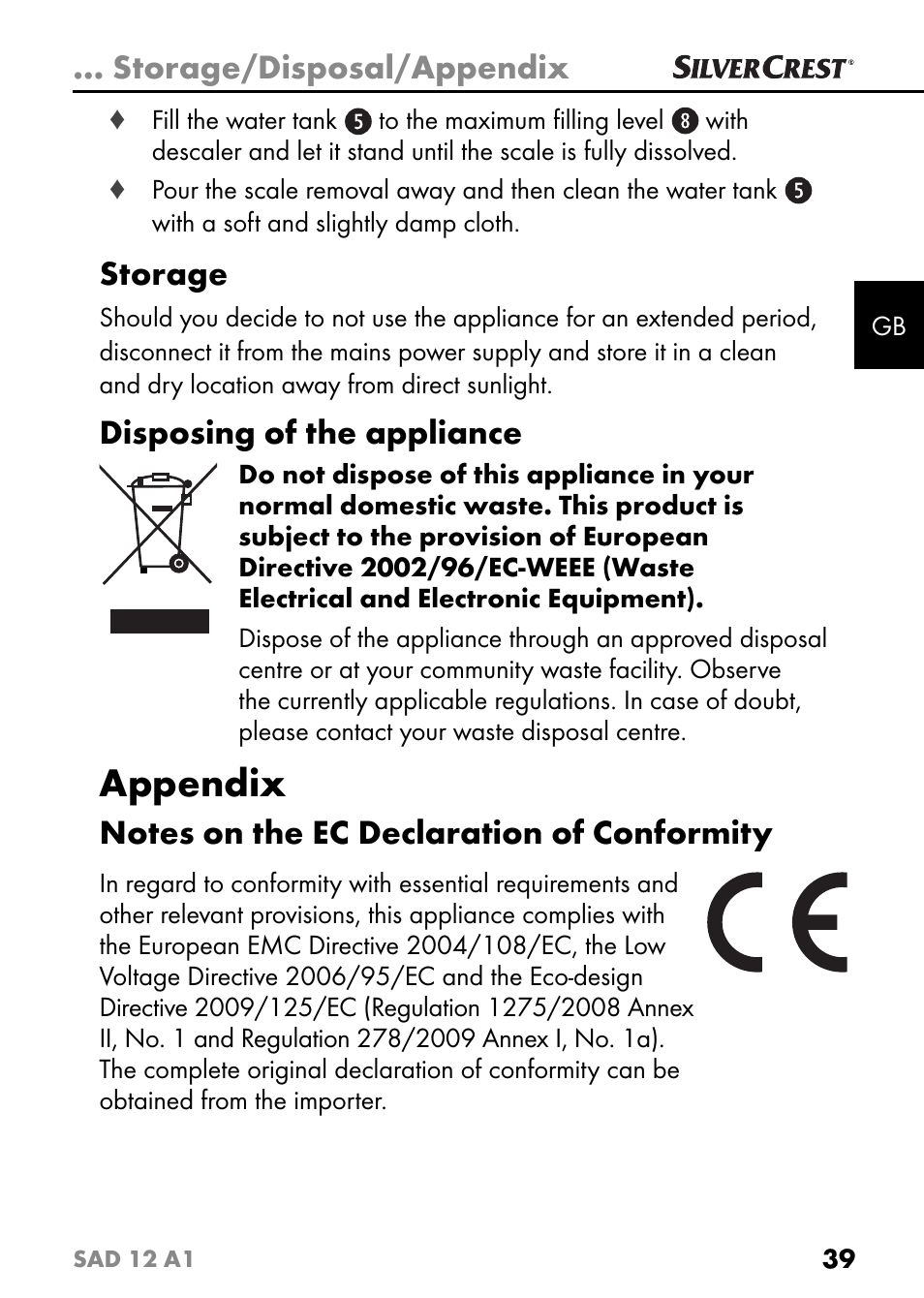 Appendix, Storage/disposal/appendix, Storage | Disposing of the appliance | Silvercrest SAD 12 A1 User Manual | Page 42 / 46