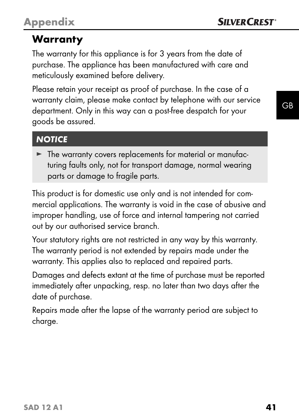 Appendix, Warranty | Silvercrest SAD 12 A1 User Manual | Page 44 / 46